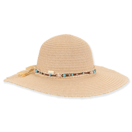 Three-quarter studio view of Sun N Sand HH3558 tan floppy hat featuring a beaded turquoise band, frayed edges, and tassels.