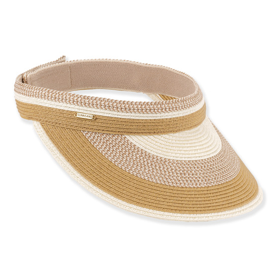 Striped woven straw visor hat, neutral tones, adjustable back strap, wide brim, women's sun protection.
