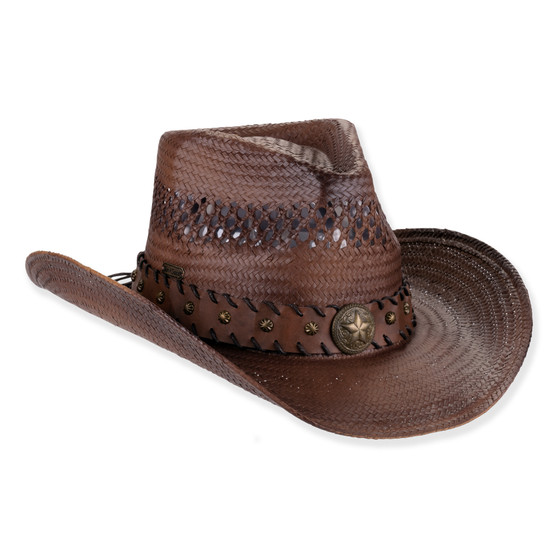 Three-quarter studio view of Sun N Sand HH3564 tan straw western hat featuring a pinched crown and turquoise-accented beaded band.
