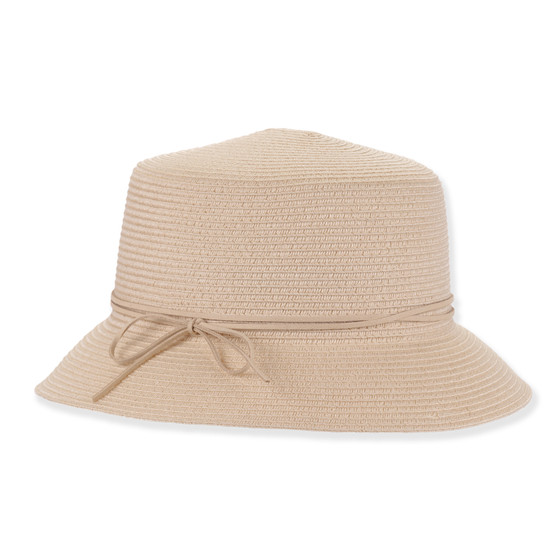 Beige woven bucket hat with rounded crown, floppy brim, thin bow band, adjustable design, UPF 50+, shown in clear front angled view.