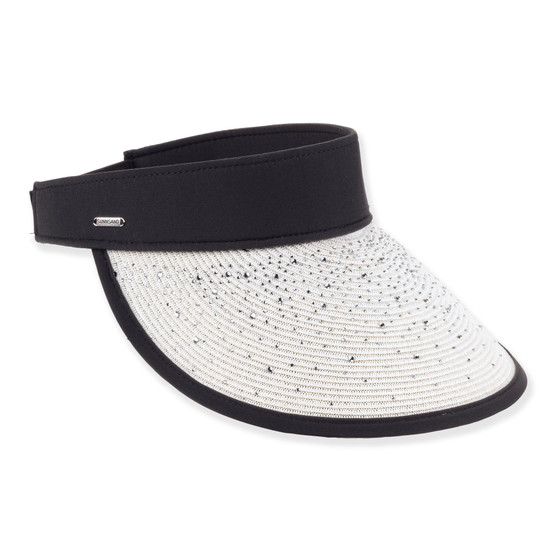 White woven sun visor with speckled brim, black padded crown band, small metallic side tag, shown in clean front angled product view.
