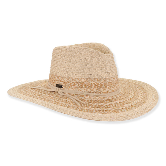 Three-quarter view of natural Sun N Sand HH3607 A safari hat featuring chevron-woven straw, faux suede cord, and metal hardware.