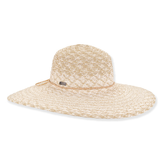 Three-quarter view of ivory Sun N Sand HH3613 floppy hat featuring chevron-weave straw, thin cord band, and metal logo hardware.