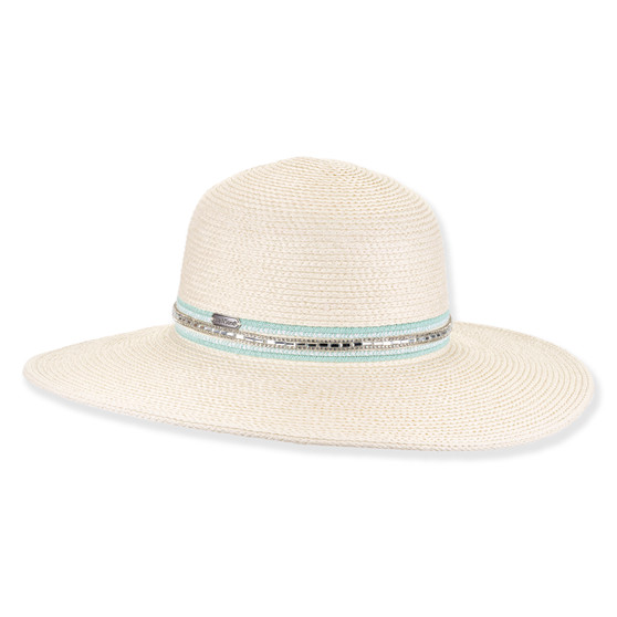 Three-quarter view of ivory Sun N Sand HH3619 A floppy hat featuring fine-braided straw, aquamarine rhinestone band, and silver hardware