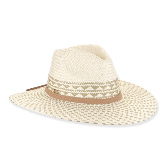 Three-quarter profile view of a cream-colored woven straw safari hat featuring a pinched crown, geometric-patterned band, and gold metal logo.