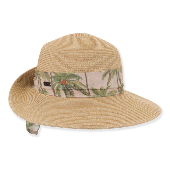 Natural straw wide-brim sun hat with tropical palm tree print ribbon and decorative bow.