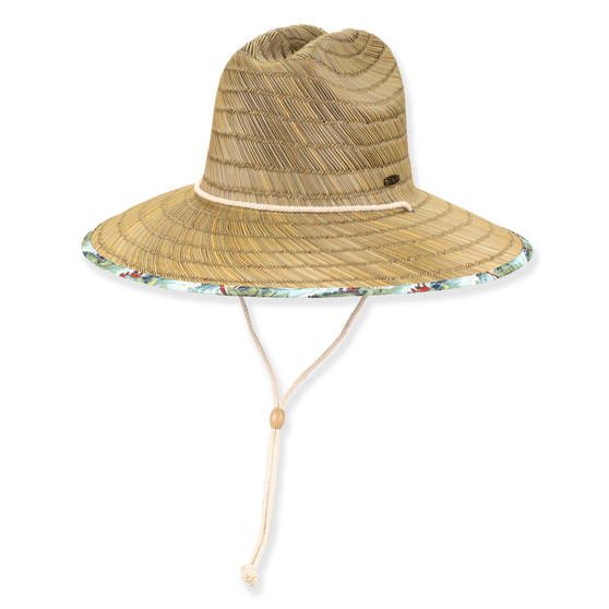 Textured straw sun hat, wide brim, patterned lining, adjustable chin strap with wooden toggle. Front view.