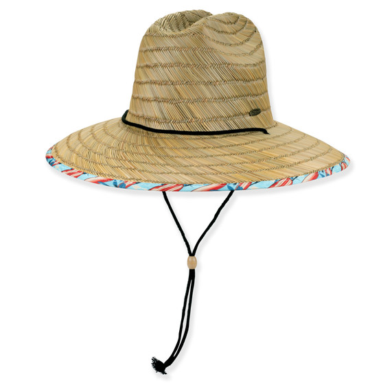 Woven straw wide-brimmed lifeguard hat, textured weave, black chin strap, patterned band
