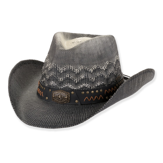 Woven grey cowboy hat with zigzag band, concho details, leather trim, and silver buckle. Front view.