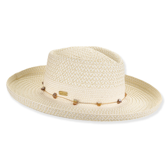Front angled view of the Sun N Sand gambler hat in natural woven straw, featuring patterned decorative band and adjustable design for UPF protection