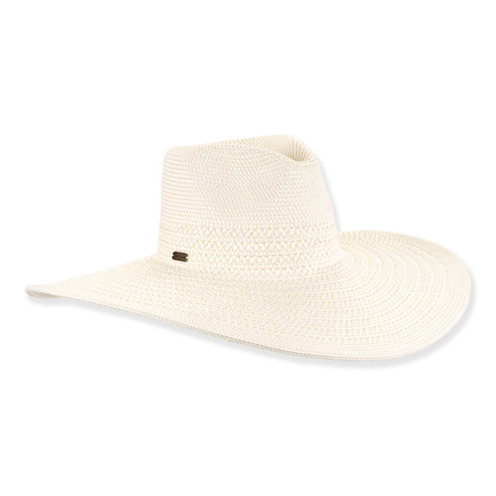 Three-quarter studio view of Sun N Sand HH3507 cream safari hat featuring a tonal open-weave crown band and metallic logo.