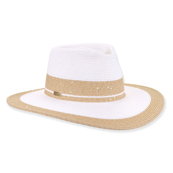 Three-quarter studio view of Sun N Sand HH3509 white safari hat featuring a tan lurex-flecked band, metallic logo, and matching brim.