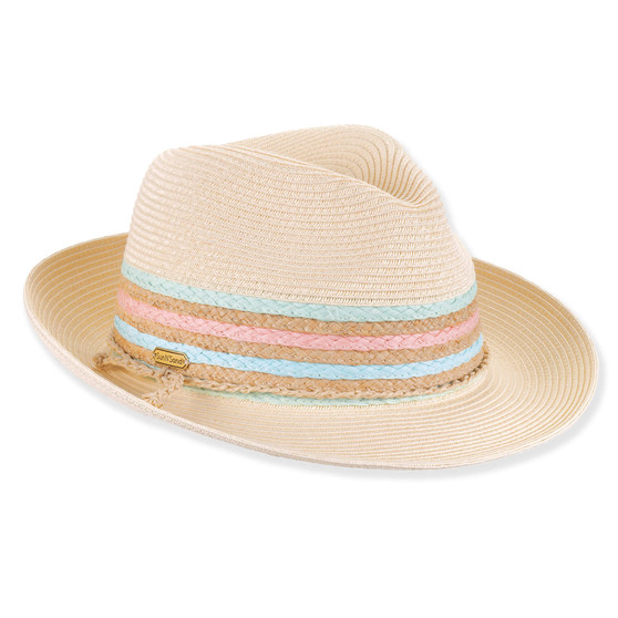 Three-quarter studio view of Sun N Sand HH3514 ivory fedora featuring multi-colored braided bands in mint, pink, and blue.