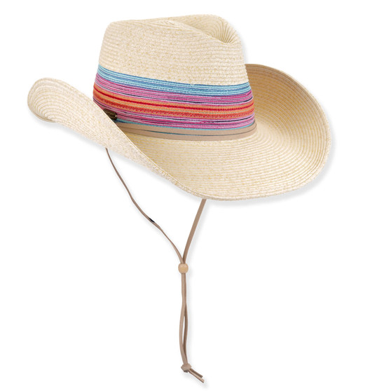 Three-quarter studio view of Sun N Sand HH3524 ivory western hat featuring a multi-colored striped cord band and adjustable chin strap.