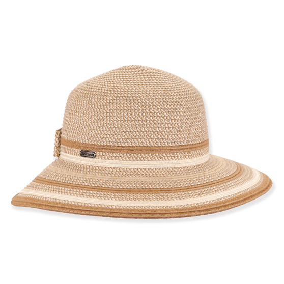 Three-quarter studio view of Sun N Sand HH3562 tan backless hat featuring cream horizontal stripes and a metallic side logo.