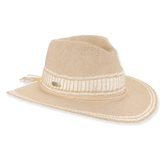 Three-quarter view of tan Sun N Sand HH3622 A safari hat featuring micro-weave straw, white embroidered band, and metal logo hardware.