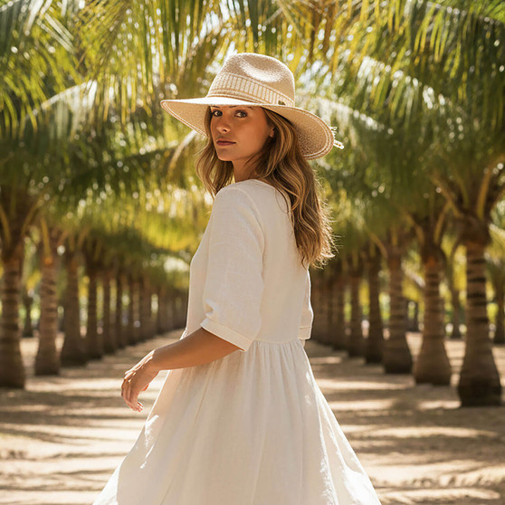Lifestyle profile portrait of the Sun N Sand HH3622 A Women’s Safari Hat in a natural woven straw, featuring a matching woven hatband with a side metallic brand plate and a wide, structured flat brim with a pinched crown for an adjustable fit and UPF 50+