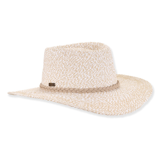 Three-quarter view of ivory Sun N Sand HH3625 gambler hat featuring speckled marl straw, braided suede band, and metal hardware.