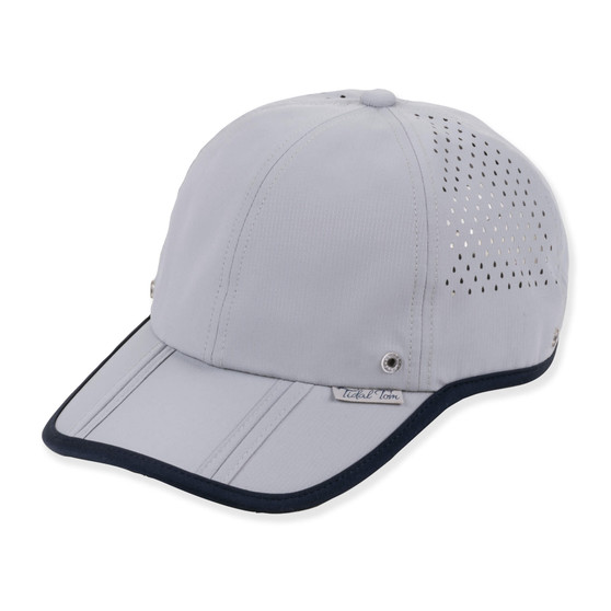 Light grey perforated baseball cap with dark navy trim, detailed stitching, metal eyelets, and white logo badge.