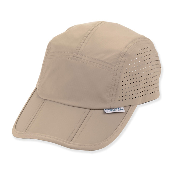 Khaki foldable baseball cap with perforated side panels, soft brim, and subtle logo tag, front view, lifestyle outdoor gear.