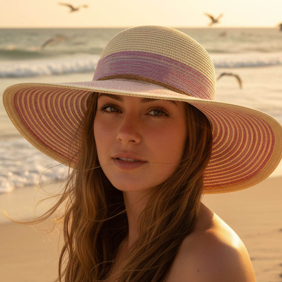 Front angled view of the Sun N Sand floppy hat in soft paper braid, featuring striped accent band and adjustable UPF‑protection design