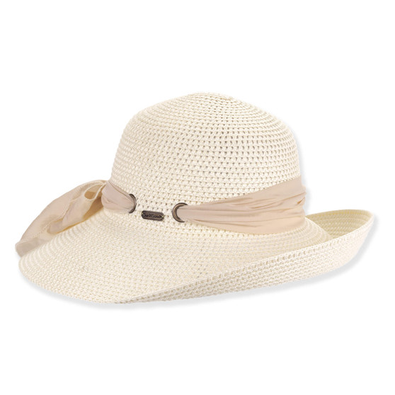Front view light straw woven upturn bucket hat with wide brim, textured weave, beige fabric band with bow, and small metallic brand tag.