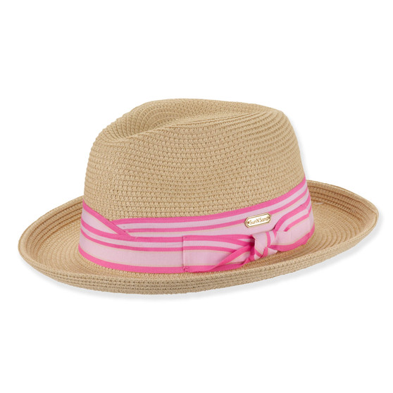 Three-quarter studio view of Sun N Sand HH3515 white fedora featuring a tan braided band and matching scalloped straw brim.