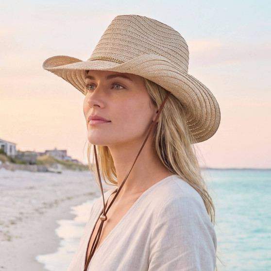 Product studio shot of the Sun N Sand HH3525 Women’s Western Hat in natural-toned woven straw, featuring a delicate floral-patterned hatband with a thin leatherette cord and a classic pinched crown with an upturned brim for an adjustable, comfortable fit.