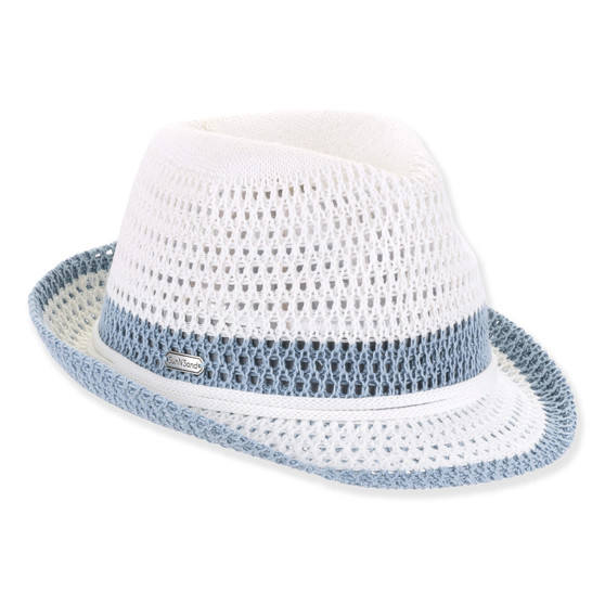 Three-quarter studio view of Sun N Sand HH3568 A white and blue open-weave fedora featuring a pinched crown and cord trim.