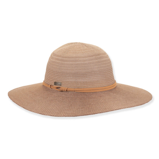 Light brown woven floppy hat with rounded crown, wide brim, tan knotted band and small metal tag shown in clear front angled view.