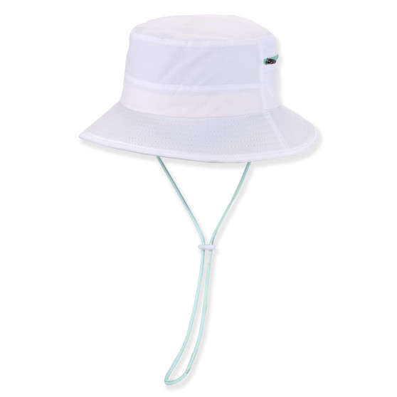 White structured bucket hat with wide ventilated brim, blue adjustable chin strap, small side logo tag, shown in clear front angled view.
