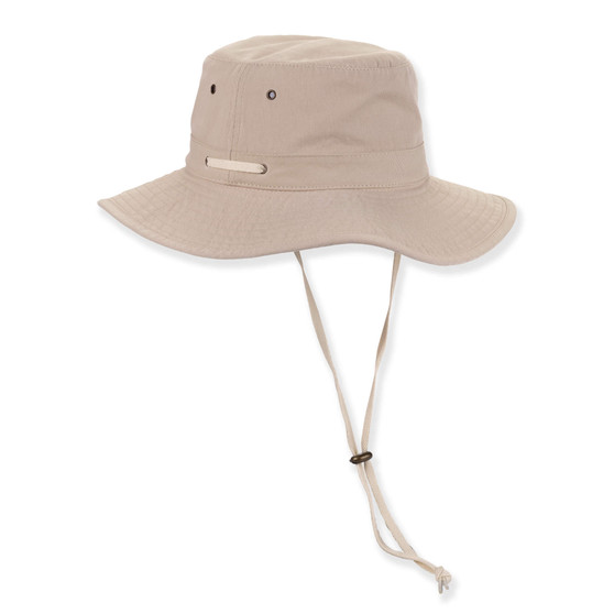 Beige bucket hat with wide brim, ventilation eyelets, fabric loop detail, adjustable chin strap toggle, shown in clean front angled product view