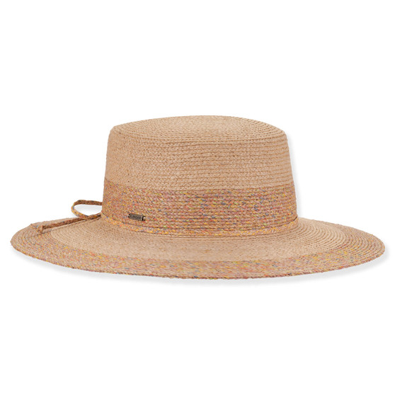 Three-quarter profile view of a tan braided straw boater hat featuring a flat crown, multi-colored pastel band, and metal logo.
