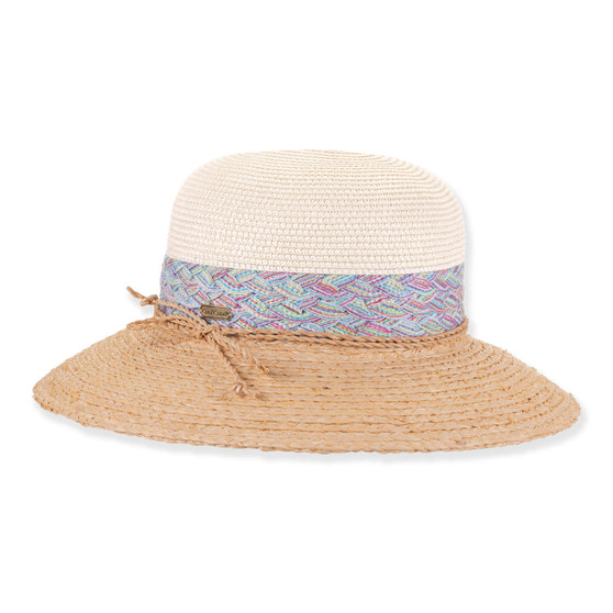 Three-quarter profile view of a two-tone woven straw bucket hat featuring a white crown, tan brim, and multi-colored braided band.