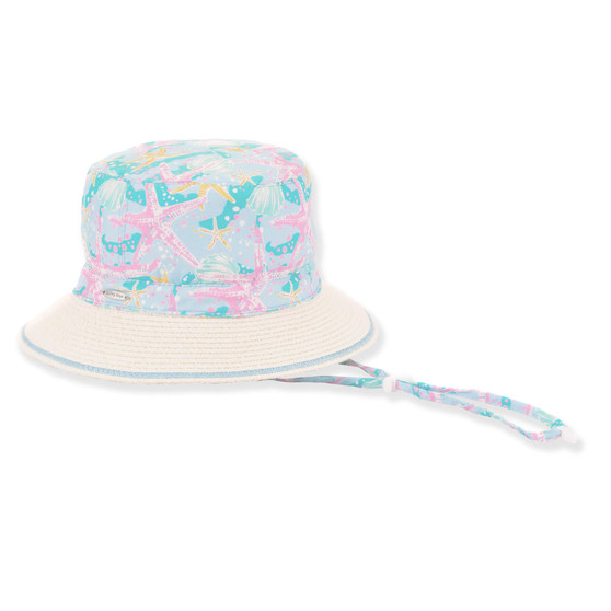 Three-quarter view of a white  bucket hat featuring a colorful mermaid and starfish printed crown and adjustable chin strap.