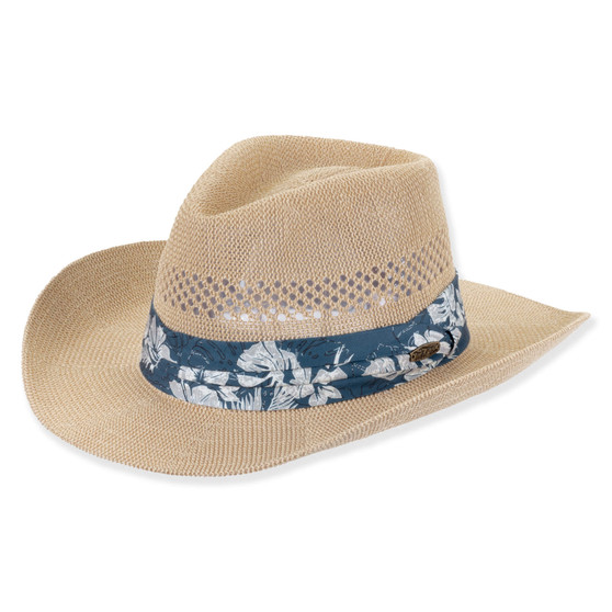 Three-quarter view of a natural straw western hat featuring a vented crown, upturned brim, and a blue floral fabric band.