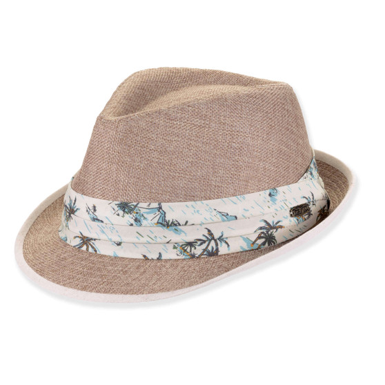 Three-quarter view of a dark gray performance fedora featuring a pinched crown, tonal fabric band, and adjustable toggle chin-strap.