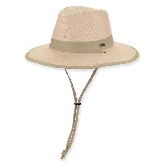 Three-quarter view of a cream performance fedora featuring a pinched crown, tonal fabric band, wide brim, and adjustable chin-strap.