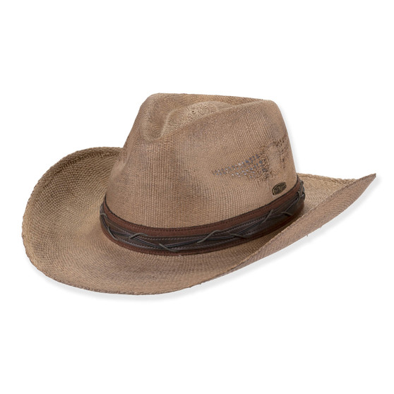 Three-quarter view of a brown marl-textured western hat featuring a pinched crown, curved brim, braided leather band, and bronze hardware.