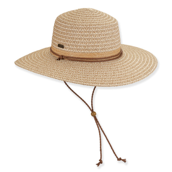 Natural straw boater hat, tight woven texture, flat crown, brim with stitched edge, adjustable leather chin cord with brass toggle.