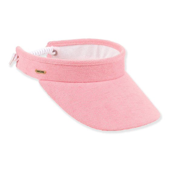 Three-quarter studio view of Sun N Sand HH3542 pink terry cloth visor featuring a white adjustable coil sizer and metallic logo.