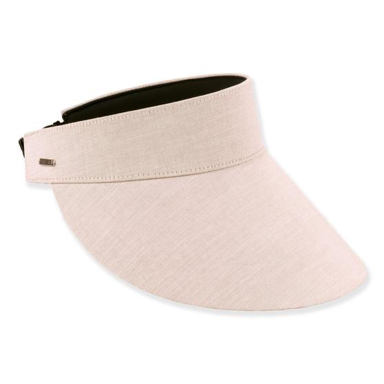 Three-quarter studio view of Sun N Sand HH3549 ivory fabric visor featuring a smooth linen texture and metallic logo plate.