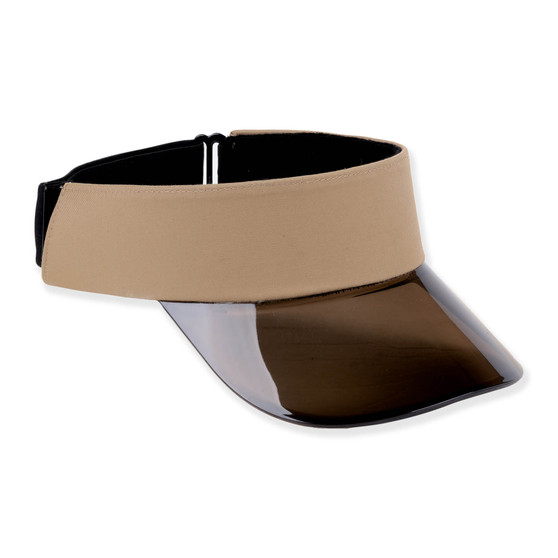 Three-quarter view of a tan fabric visor featuring a transparent smoke-tinted plastic brim, adjustable rear strap, and silver metal hardware.