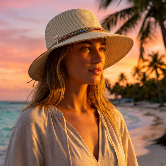 Lifestyle portrait of the Sun N Sand HH3560 Women’s Tapered Bucket Hat in natural-toned woven straw, featuring a thin decorative multicolored beaded hatband and a structured, down-sloping tapered brim for an adjustable fit and UPF 50+ sun protection.