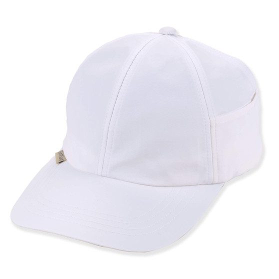 Three-quarter view of a white performance cap featuring smooth matte fabric, structured panels, curved bill, and tan logo-plate