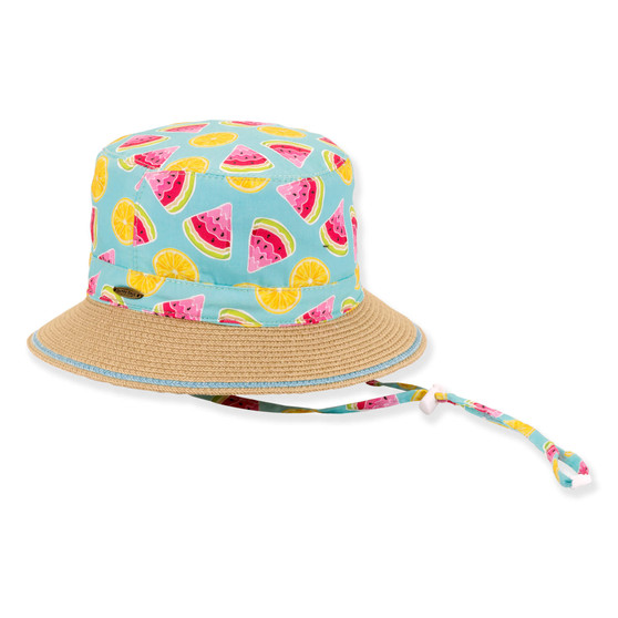 Three-quarter view of a beige woven brim bucket hat featuring a light blue crown with vibrant watermelon and lemon prints.
