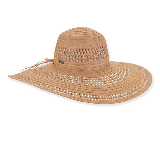 Three-quarter view of a brown woven sun hat featuring an open-weave ventilated crown, extra-wide brim, and thin leather bow-band.