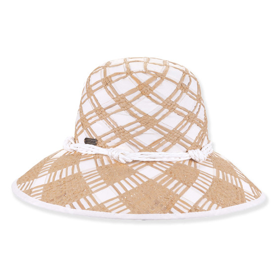 Front view of a white and tan plaid woven straw bucket hat featuring a rounded crown, knotted rope trim, and metal logo.