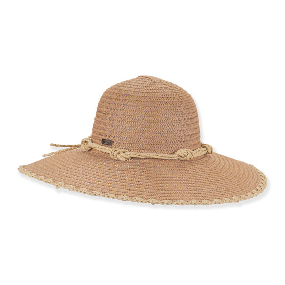 Three-quarter profile view of an ivory paperbraid floppy hat featuring a rounded crown, ventilated horizontal stripes, and metal logo.