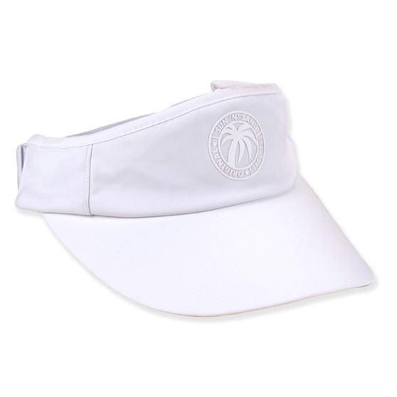 Three-quarter view of a white performance visor featuring a wide curved bill, circular palm tree logo embroidery, and adjustable strap.